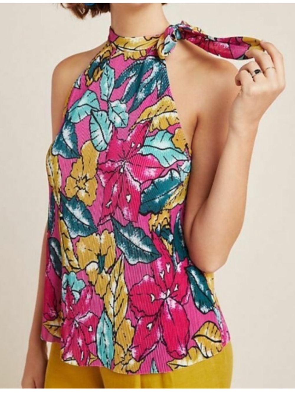 Anthropologie Maeve Glocester floral print pleated tie-neck‎ blouse sz M